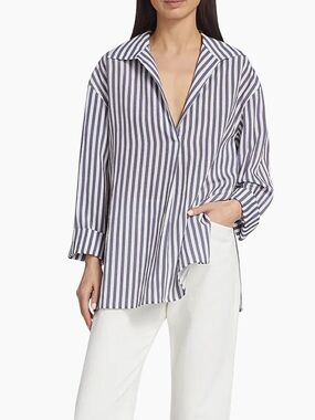 Vince Coast Stripe Oversized Shirt Blue White Coastal Optic Collar - Size Medium
